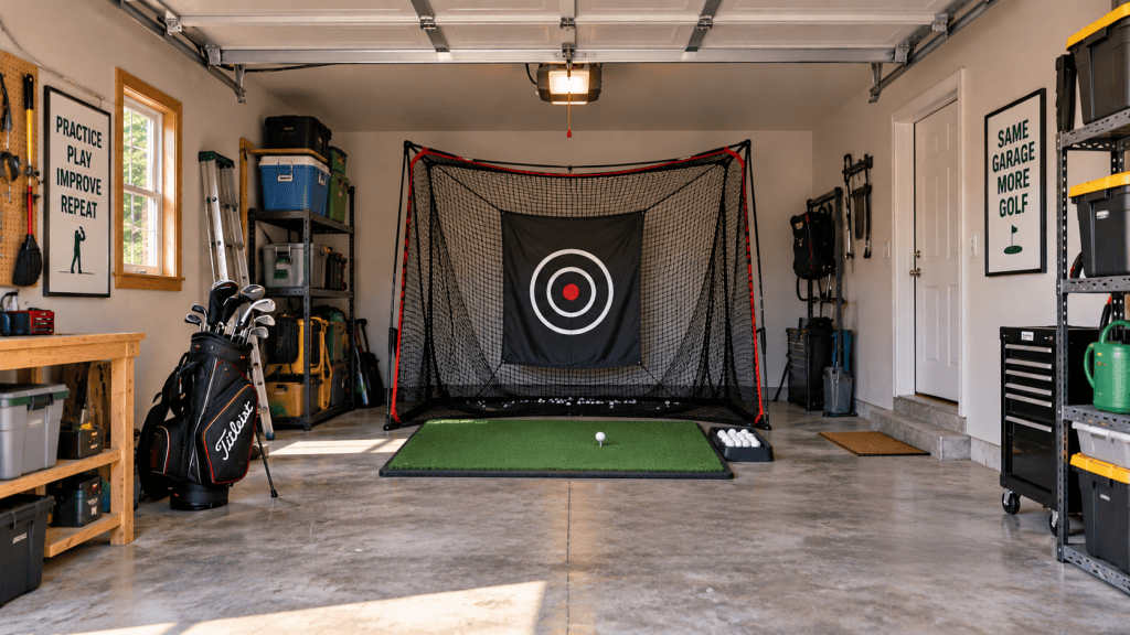 Single-car garage with a portable golf practice net and hitting mat that can be packed away for parking